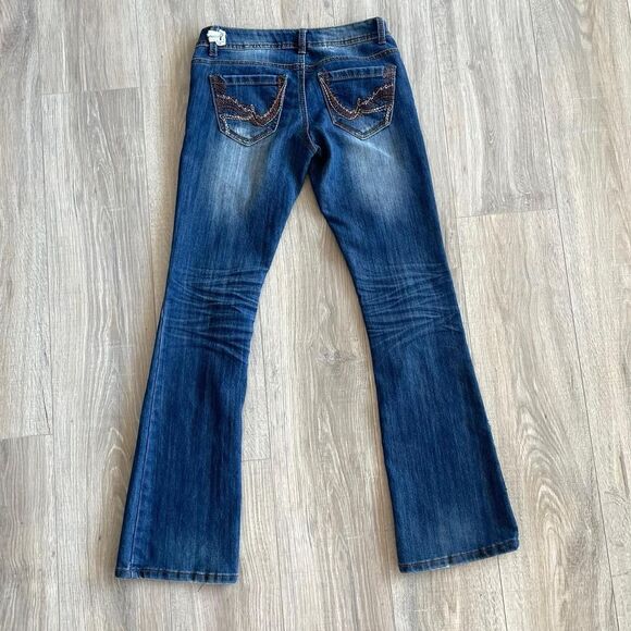Y2K Low Rise Flare Blue Jeans with Brown Embroidery Coastal Cowgirl Denim Retro - Picture 1 of 8
